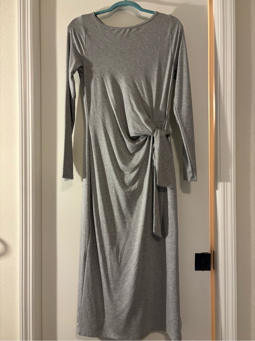 Lush Gray Long-Sleeve Tie-Detail Maxi Knit Dress